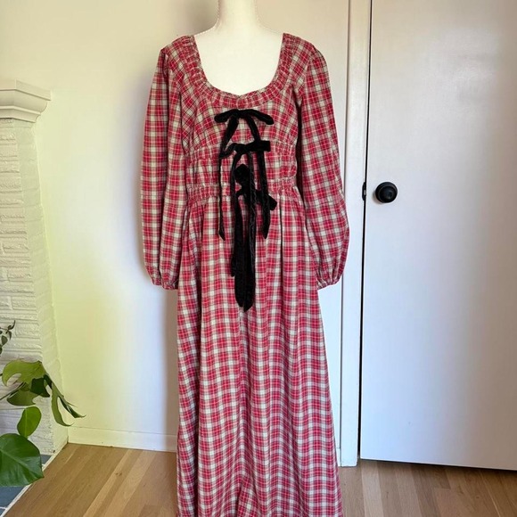 Damson Madder Dresses & Skirts - Damson Madder red and white plaid maxi dress with black velvet ribbon detail